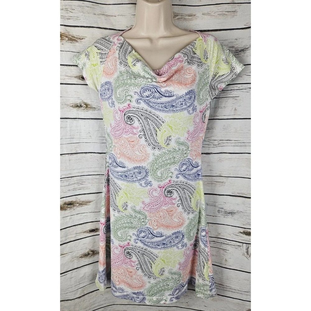 Title Nine Multi Paisley Print Dress XS Knit Short Sleeve Supplex Nylon Cowl